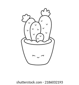 Kawaii cactus in pot. Cactus in black linear drawing style. Vector illustration isolated on white background