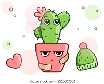 Kawaii cactus in a pot with hat and heart