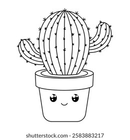 Kawaii cactus in a pot vector illustration. Cute cartoon style plant. Black and white line art for kids' coloring book or printable design.