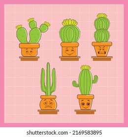 Kawaii Cactus And Pots With Different Emotions.