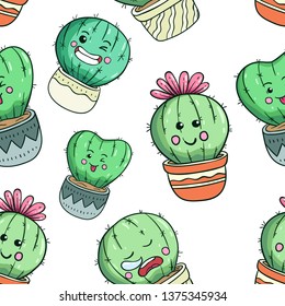 Kawaii cactus in seamless pattern with funny face