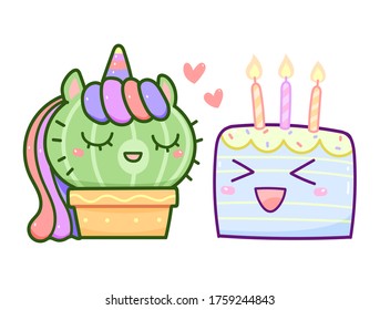 Kawaii cactus unicorn with happy birthday cake friend, cartoon vector