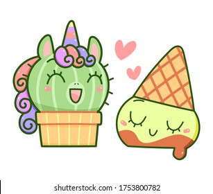 Kawaii cactus unicorn with ice cream friend, happy cartoon vector