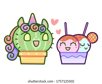 Kawaii cactus unicorn with twin ice cream friend, happy cartoon vector