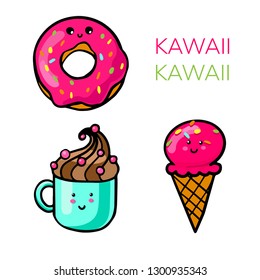 Kawaii cafe. Various cute food. Hand drawn colored vector set. All elements are isolated