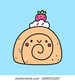 Kawaii cake roll isolated on a blue background. Vector hand-drawn illustration in doodle style. Cute character. Perfect for cards, decorations, stickers, logo, menu, various designs.