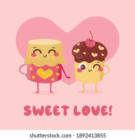 Kawaii cakes in love. Vector illustration for valentine’s day card design