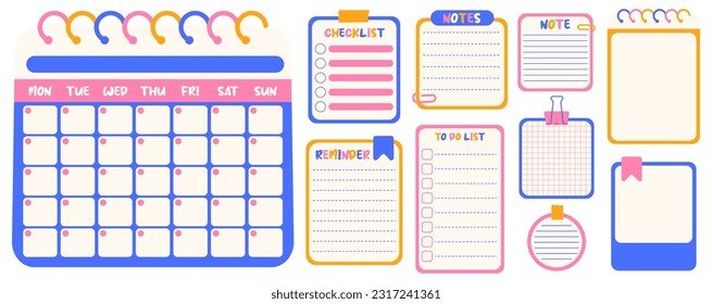 Calendario de Kawaii, lista de tareas pendientes, lista de verificación, recordatorio y notas para el organizador. Juego de notas en blanco o tiras adhesivas lindas para el planificador.