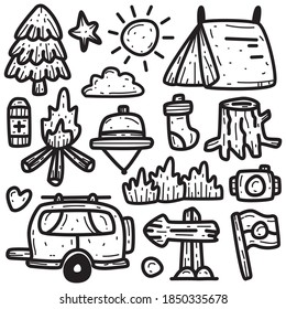 kawaii camping cartoon doodle designs for coloring, backgrounds, stickers, logos, icons and more 