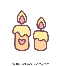 Kawaii candles icon. Hand drawn illustration of two burning candles isolated on a white background. Vector 10 EPS.