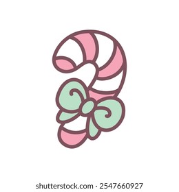 Kawaii candy cane icon. Hand drawn illustration of a traditional Christmas candy cane decorated with green ribbon isolated on a white background. Cute winter holiday sticker. Vector 10 EPS.