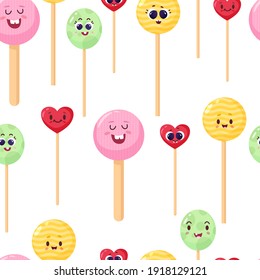 Kawaii Candy Flat Vector Pattern. Lollypop With Cute Face Collection.