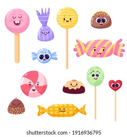 kawaii candy flat vector set. Lollypop with cute face collection.