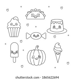 kawaii candy and food icon set over white background, line style, vector illustration