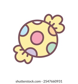 Kawaii candy icon. Hand drawn illustration of a classic candy in a yellow dotted wrapper isolated on a white background. Vector 10 EPS.