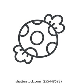 Kawaii candy icon. Hand drawn monochrome illustration of a classic candy in a dotted wrapper isolated on a white background. Vector 10 EPS.