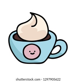 Kawaii cappuccino cup cartoon vector illustration motif set. Hand drawn coffee elements clipart for kitchen blog, food graphic, cafe restaurant web buttons.