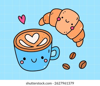 Kawaii cappuccino cup and a croissant on a blue background. Vector hand-drawn illustration in doodle style. Cute characters. Perfect for cards, decorations, stickers, menu, various designs.