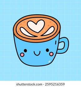 Kawaii cappuccino cup isolated on a blue background. Vector hand-drawn illustration in doodle style. Cute character. Perfect for cards, decorations, stickers, logo, various designs.