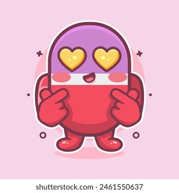 mascota del personaje de la medicina de la cápsula kawaii con el gesto de la mano del signo del amor