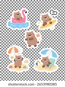 Kawaii capybara beach stickers featuring surfing, building sandcastles, relaxing under umbrellas, and more! Ideal for summer designs and scrapbooking