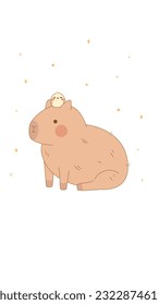 Kawaii capybara with a bird. Cute animals. Anime capybara isolated on white background. Sweetest mascot. Stock vector illustration.