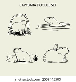 kawaii capybara character line art doodle sticker illustration set.