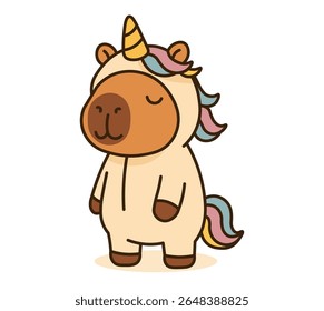Kawaii capybara em um traje de unicórnio colorido, irradiando magia e alegria. Esta ilustração de animal adorável apresenta um design de personagem divertido e extravagante, perfeito para projetos cheios de fantasia e diversão
