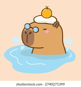 Kawaii capybara relaxing in hot spring with orange cartoon hand drawn illustration