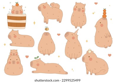 Kawaii capybara set. Cute animals in different poses. Anime capybaras isolated on white background. Sweetest mascot. Stock vector illustration.