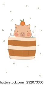 Kawaii capybara taking bath. Cute animals in . Anime capybara isolated on white background. Sweetest mascot. Stock vector illustration.