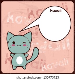 Kawaii card with cute cat on the grunge background.