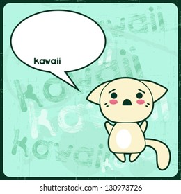 Kawaii card with cute cat on the grunge background.