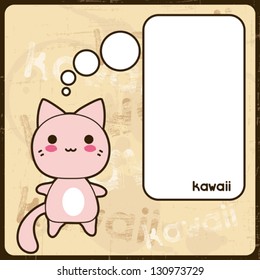 Kawaii card with cute cat on the grunge background.