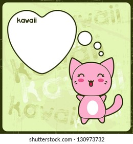 Kawaii card with cute cat on the grunge background.