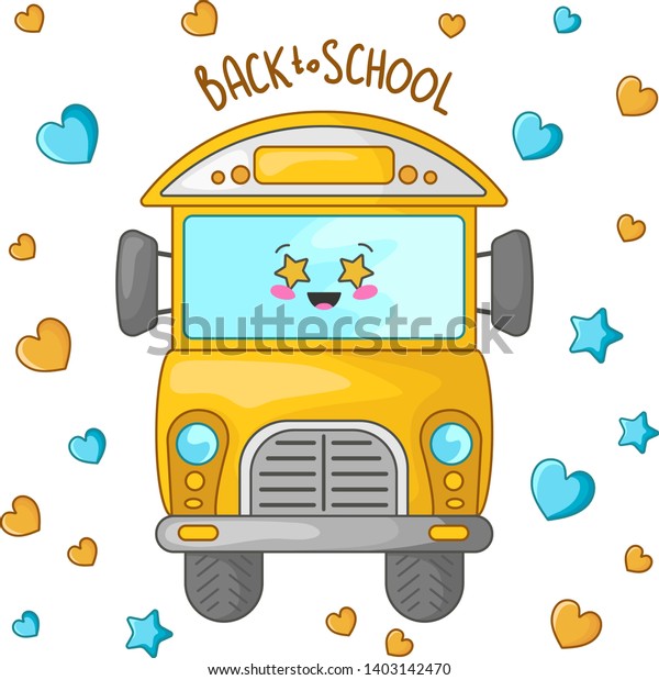 Kawaii card\
template with cartoon bus for kids, back to school concept, cute\
character wiyh emoji on white background. Childrens vector flat\
illustration of education and\
semester.