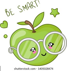 Kawaii card template with cartoon green apple in glasses and text - be smart, back to school and learning concept, cute character on white background. Childrens vector flat illustration of education