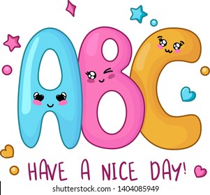 Kawaii card template with cartoon letters or alphabet, back to school and learning concept, cute characters on white background. Childrens vector flat illustration of education 