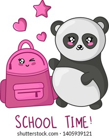 Kawaii card template with cute cartoon panda or animal with pink backpack, back to school or learning concept, cute character on white background. Childrens vector flat illustration of education