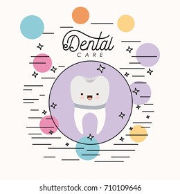 kawaii caricature implant tooth dental care with happiness expression in circular frame with colorful bubbles and star with lines on white background vector illustration