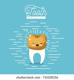 kawaii caricature tooth with golden crown dental care with wink eye and happiness expression on color poster with lines vector illustration