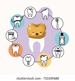 kawaii caricature tooth with golden crown with wink eye and happiness expression with circular frame icons dental care on white background vector illustration