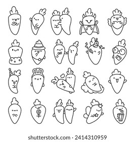 Kawaii carrot with funny faces. Coloring Page. Cute cartoon happy food characters. Hand drawn style. Vector drawing. Collection of design elements.