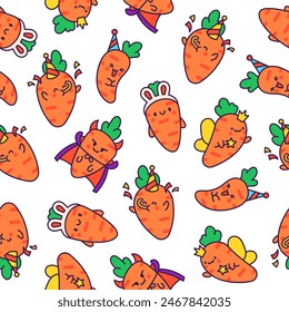 Kawaii carrot with funny faces. Seamless pattern. Cute cartoon happy food characters. Hand drawn style. Vector drawing. Design ornaments.