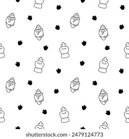 Kawaii carrot with funny faces. Seamless pattern. Coloring Page. Cute cartoon happy food characters. Hand drawn style. Vector drawing. Design ornaments.