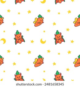 Kawaii carrot with funny faces. Seamless pattern. Cute cartoon happy food characters. Hand drawn style. Vector drawing. Design ornaments.