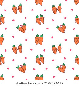 Kawaii carrot with funny faces. Seamless pattern. Cute cartoon happy food characters. Hand drawn style. Vector drawing. Design ornaments.