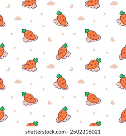 Kawaii carrot with funny faces. Seamless pattern. Cute cartoon happy food characters. Hand drawn style. Vector drawing. Design ornaments.