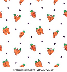 Kawaii carrot with funny faces. Seamless pattern. Cute cartoon happy food characters. Hand drawn style. Vector drawing. Design ornaments.