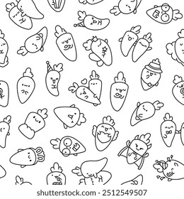 Kawaii carrot with funny faces. Seamless pattern. Coloring Page. Cute cartoon happy food characters. Hand drawn style. Vector drawing. Design ornaments.